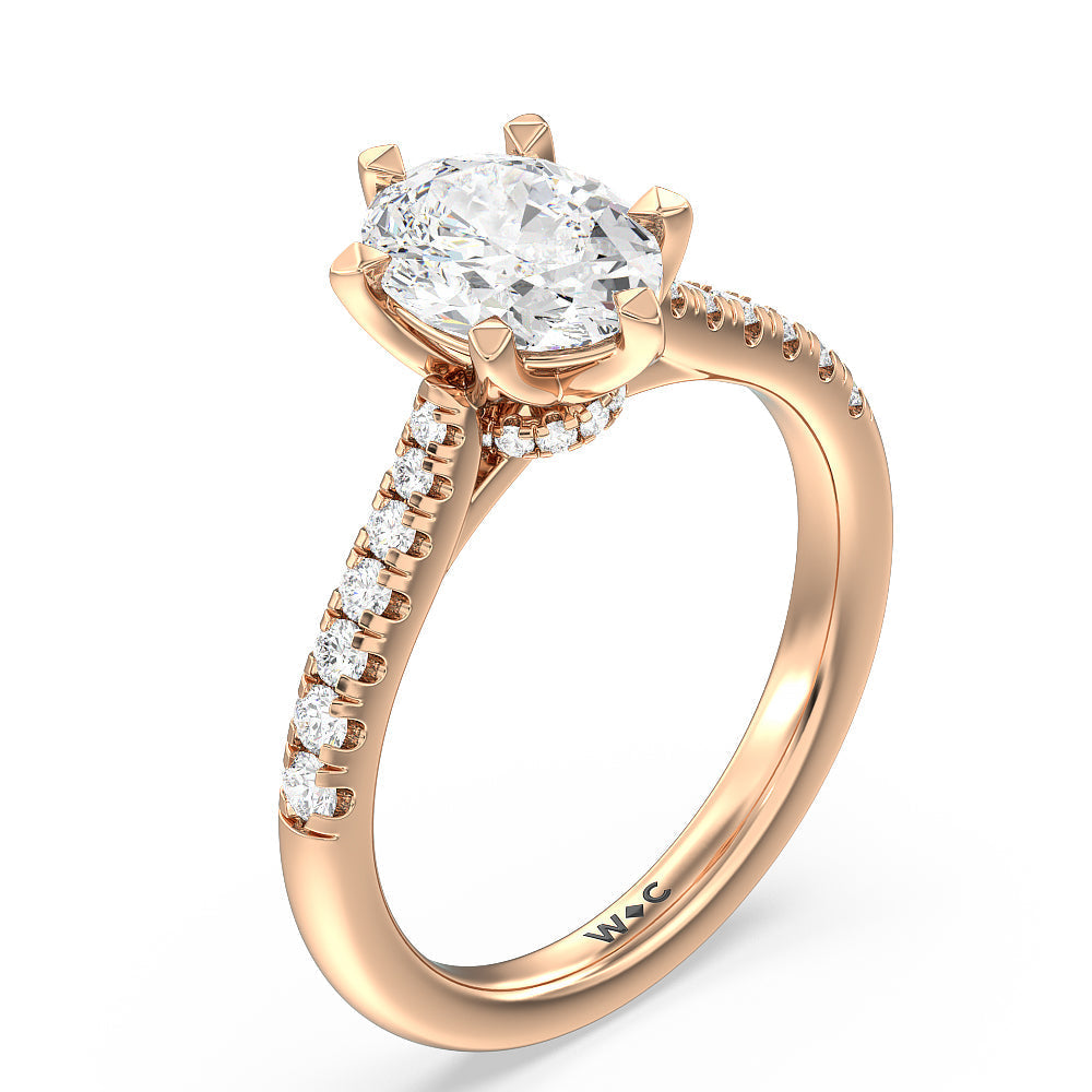 Classic Pave Under Halo Engagement Ring with Oval Cut Diamond in 14KT Rose Gold view 3
