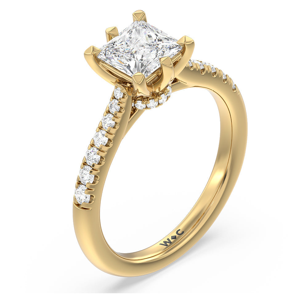 Classic Pave Under Halo Engagement Ring with Princess Cut Diamond in 14KT Yellow Gold view 3
