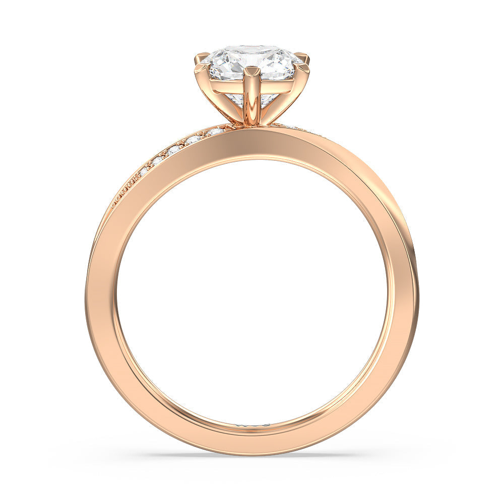 Six Prong Wavy Diamond Shank Engagement Ring with Cushion Cut Diamond in 14KT Rose Gold view 2

