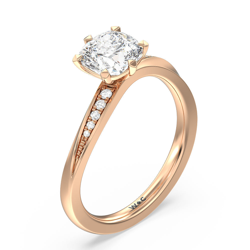 Six Prong Wavy Diamond Shank Engagement Ring with Cushion Cut Diamond in 14KT Rose Gold view 3
