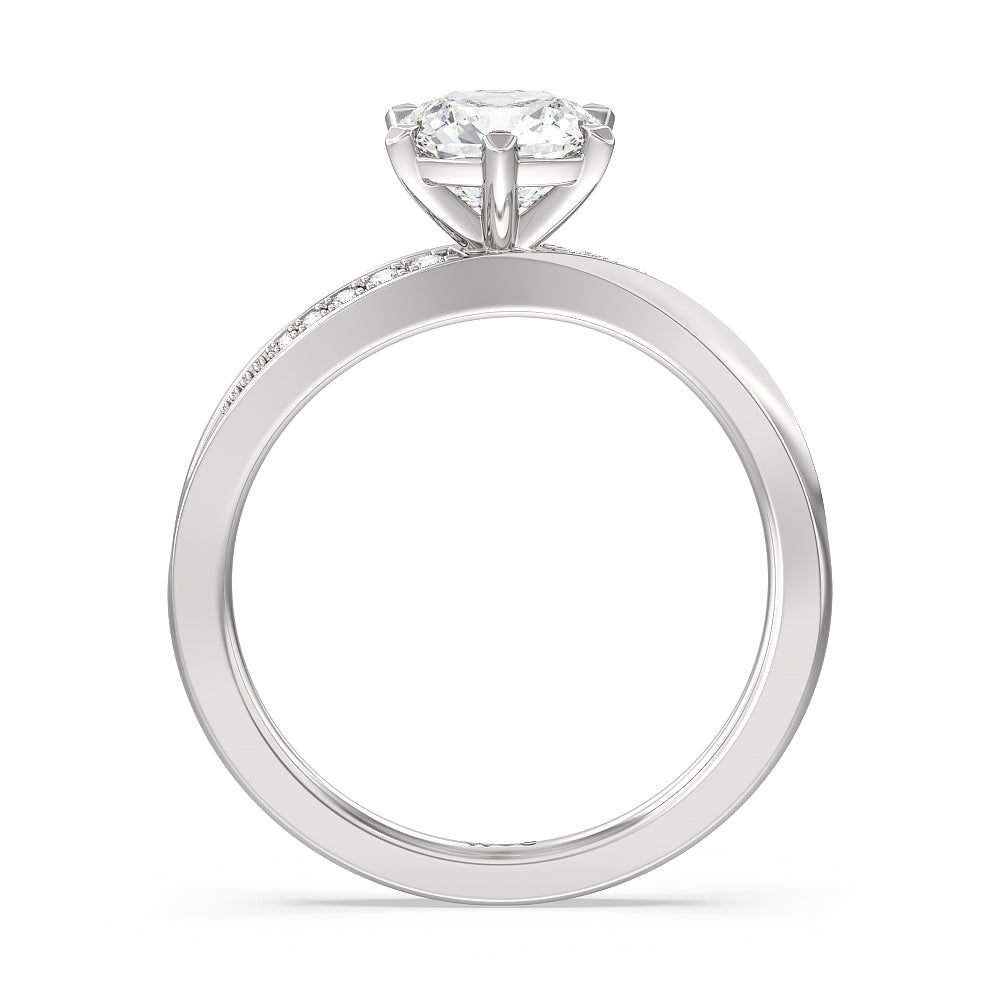 Six Prong Wavy Diamond Shank Engagement Ring with Cushion Cut Diamond in 14KT Platinum view 2
