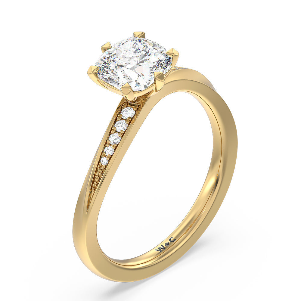 Six Prong Wavy Diamond Shank Engagement Ring with Cushion Cut Diamond in 14KT Yellow Gold view 3
