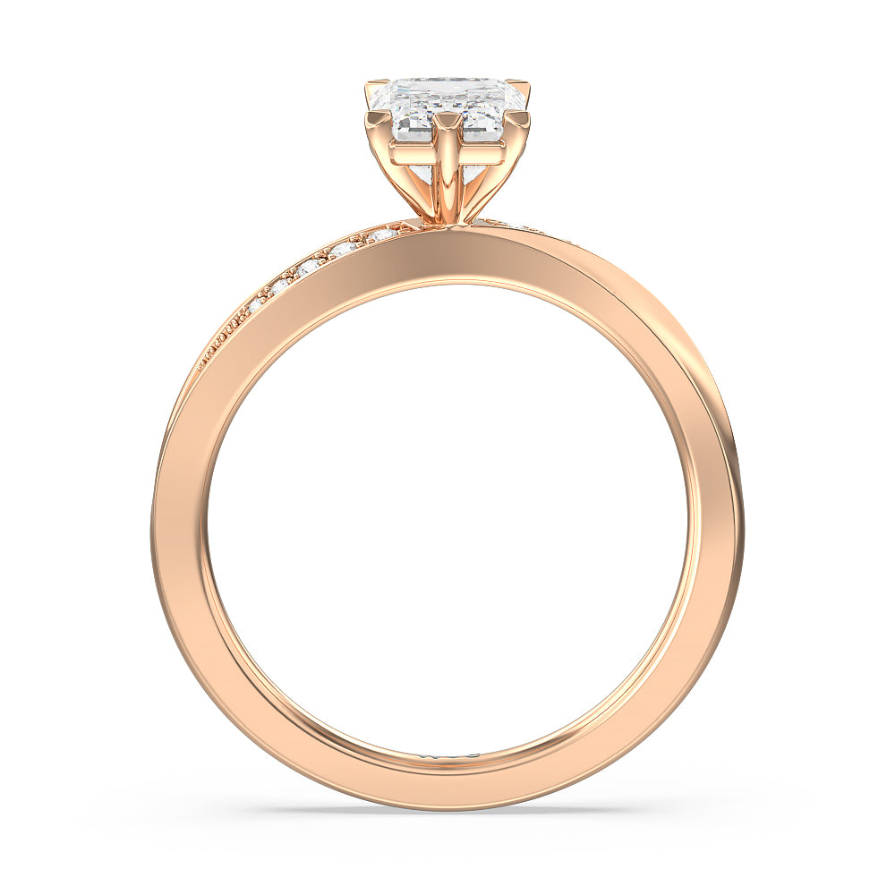 Six Prong Wavy Diamond Shank Engagement Ring with Emerald Cut Diamond in 14KT Rose Gold view 2
