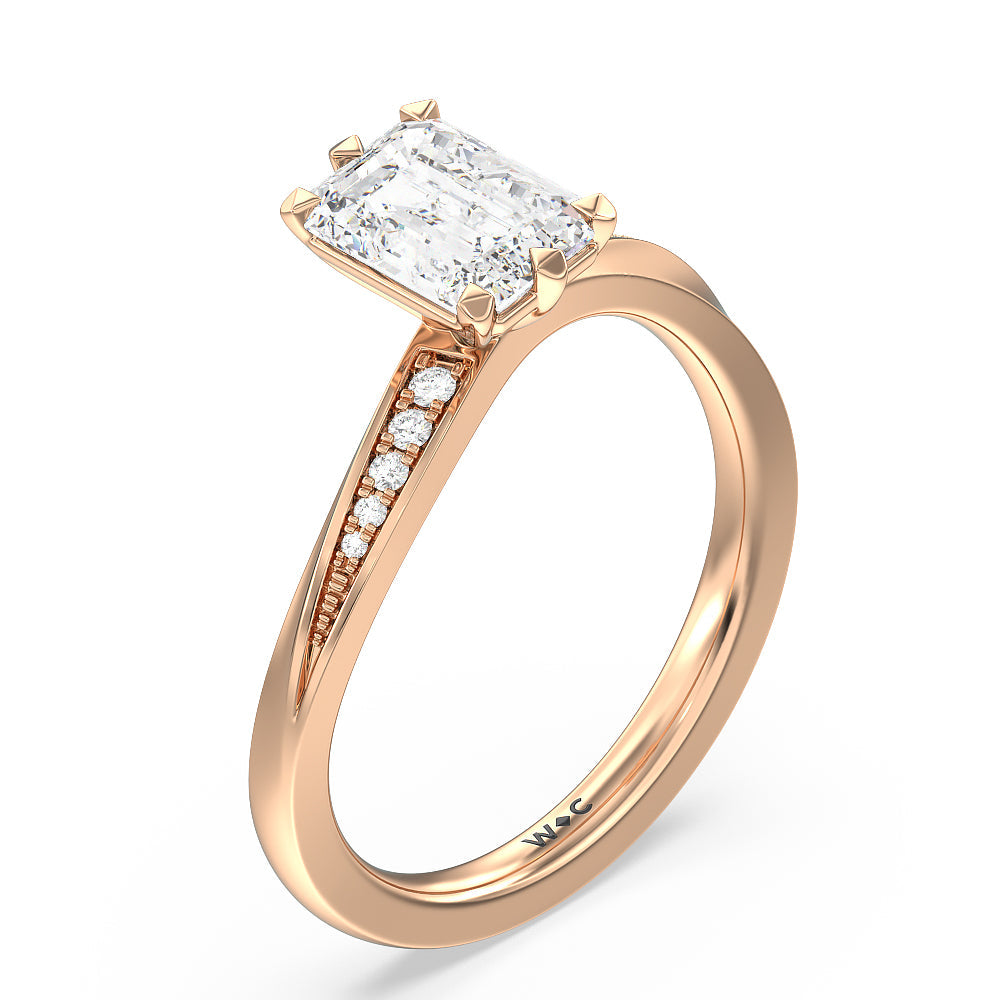 Six Prong Wavy Diamond Shank Engagement Ring with Emerald Cut Diamond in 14KT Rose Gold view 3
