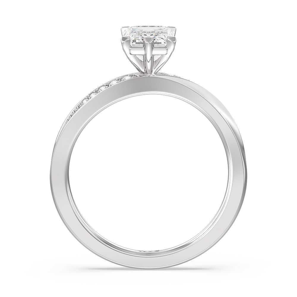 Six Prong Wavy Diamond Shank Engagement Ring with Emerald Cut Diamond in 14KT Platinum view 2
