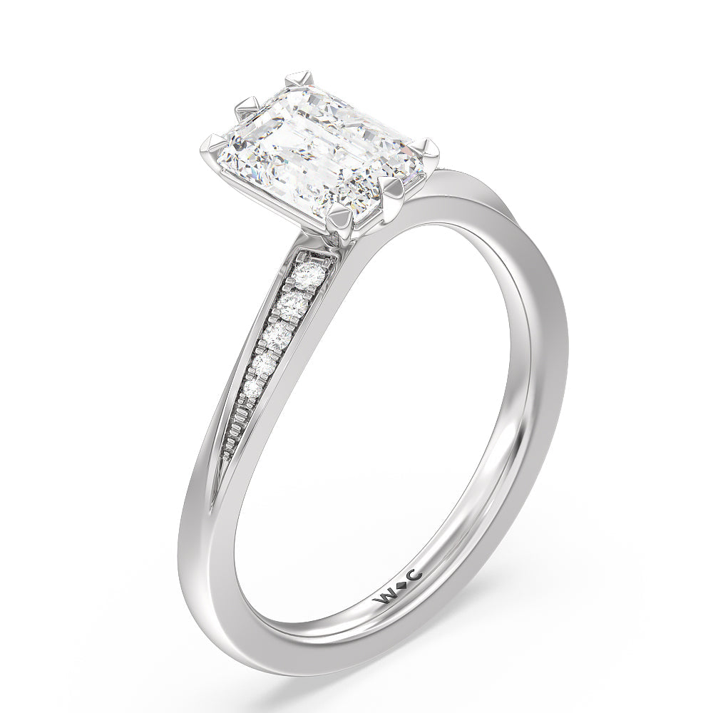 Six Prong Wavy Diamond Shank Engagement Ring with Emerald Cut Diamond in 14KT Platinum view 3
