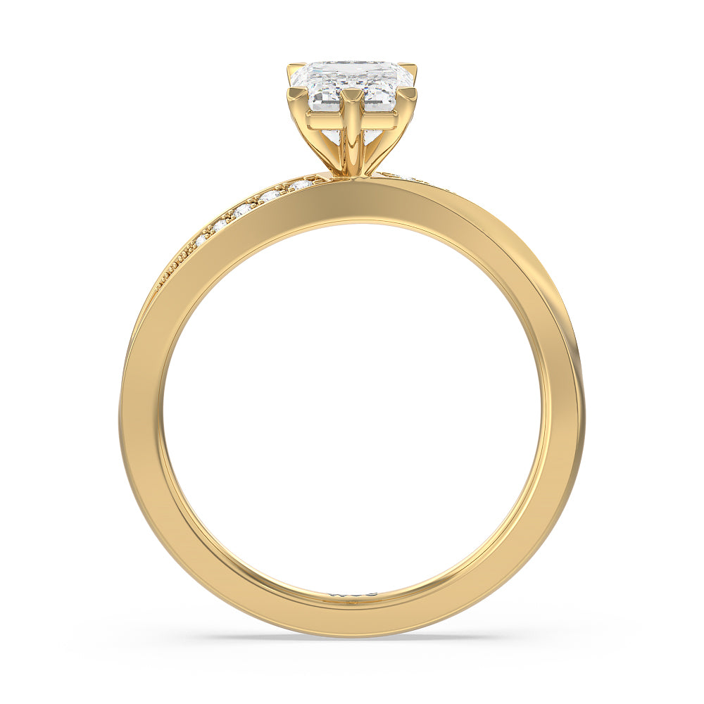 Six Prong Wavy Diamond Shank Engagement Ring with Emerald Cut Diamond in 14KT Yellow Gold view 2
