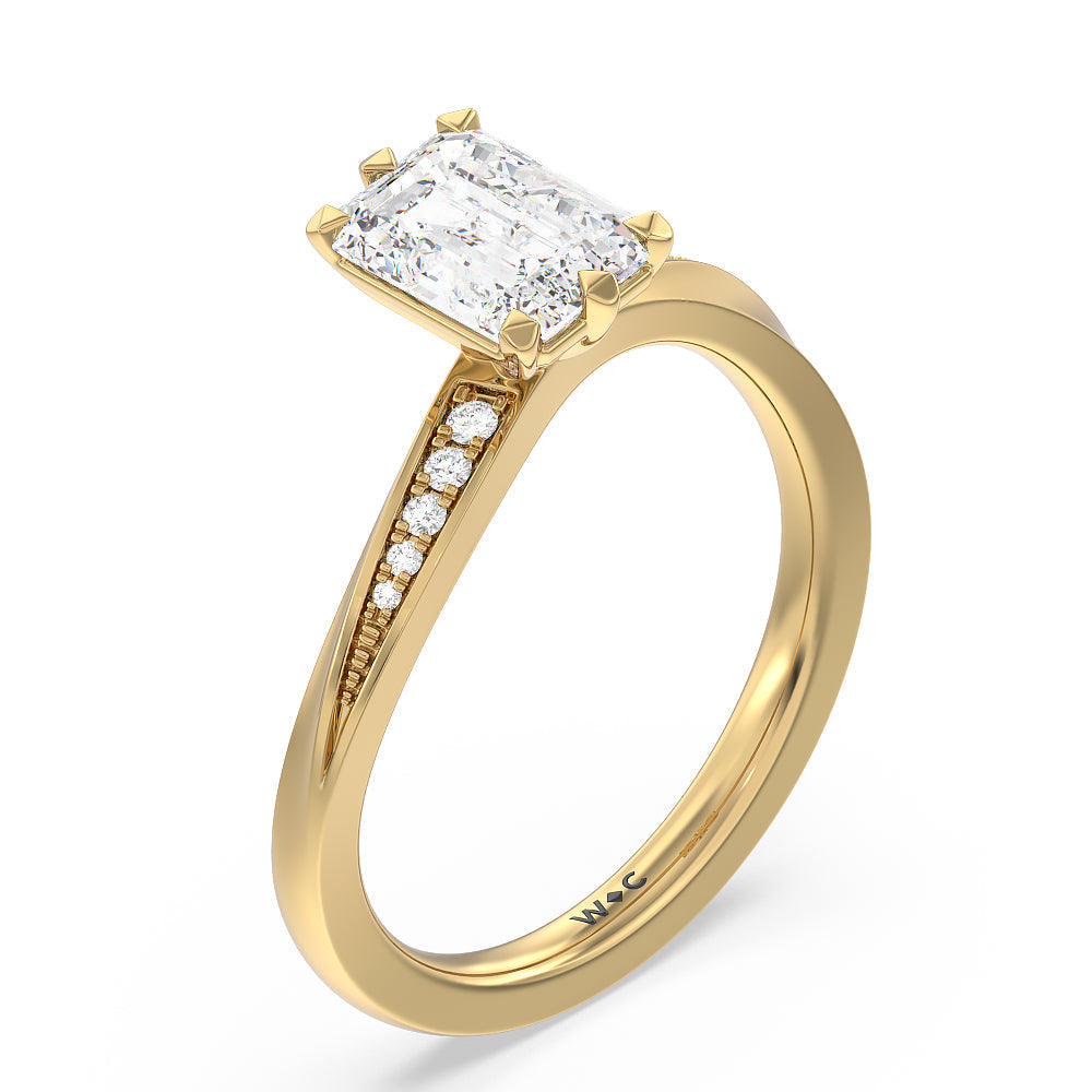 Six Prong Wavy Diamond Shank Engagement Ring with Emerald Cut Diamond in 14KT Yellow Gold view 3
