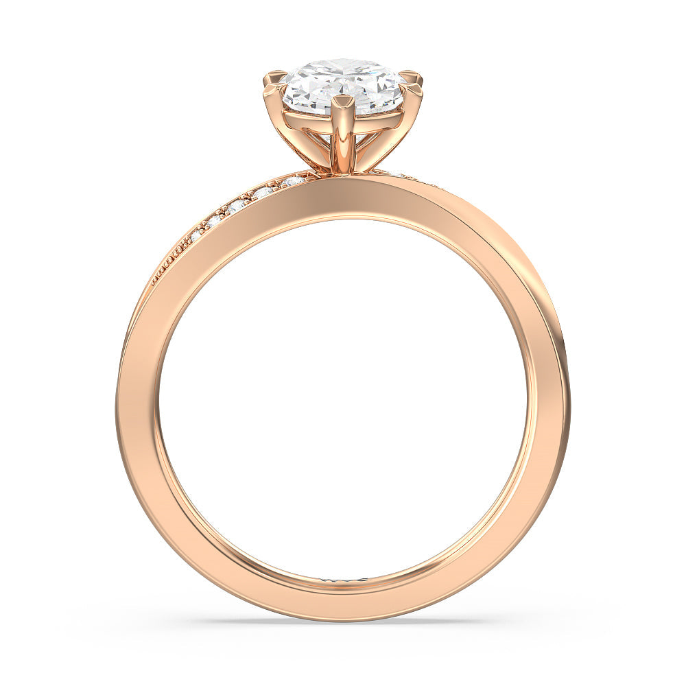 Six Prong Wavy Diamond Shank Engagement Ring with Oval Cut Diamond in 14KT Rose Gold view 2

