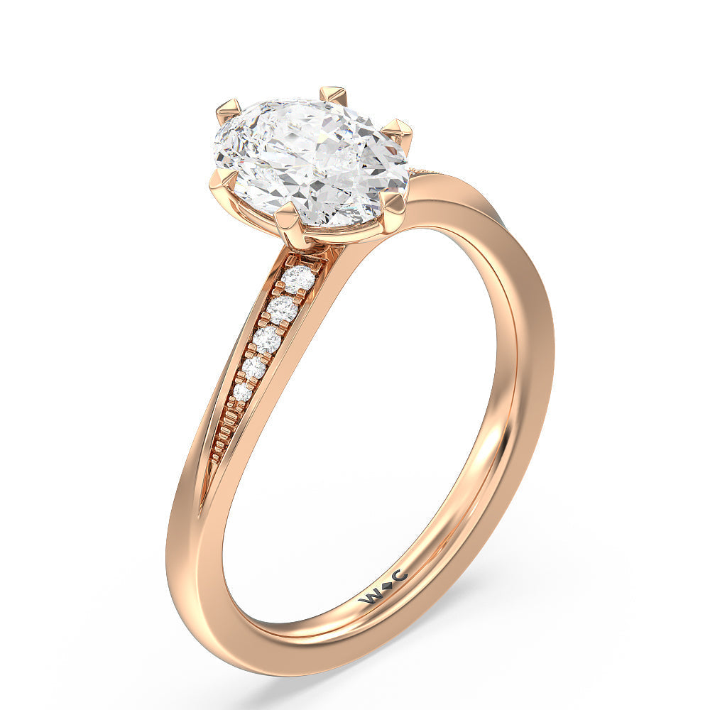Six Prong Wavy Diamond Shank Engagement Ring with Oval Cut Diamond in 14KT Rose Gold view 3
