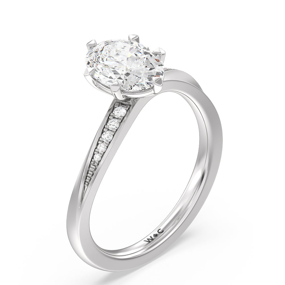 Six Prong Wavy Diamond Shank Engagement Ring with Oval Cut Diamond in 14KT Platinum view 3
