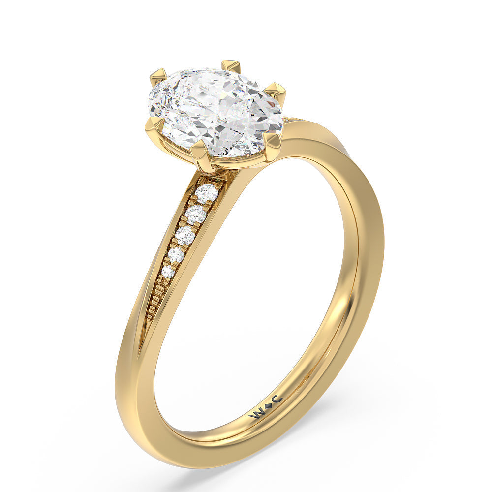 Six Prong Wavy Diamond Shank Engagement Ring with Oval Cut Diamond in 14KT Yellow Gold view 3
