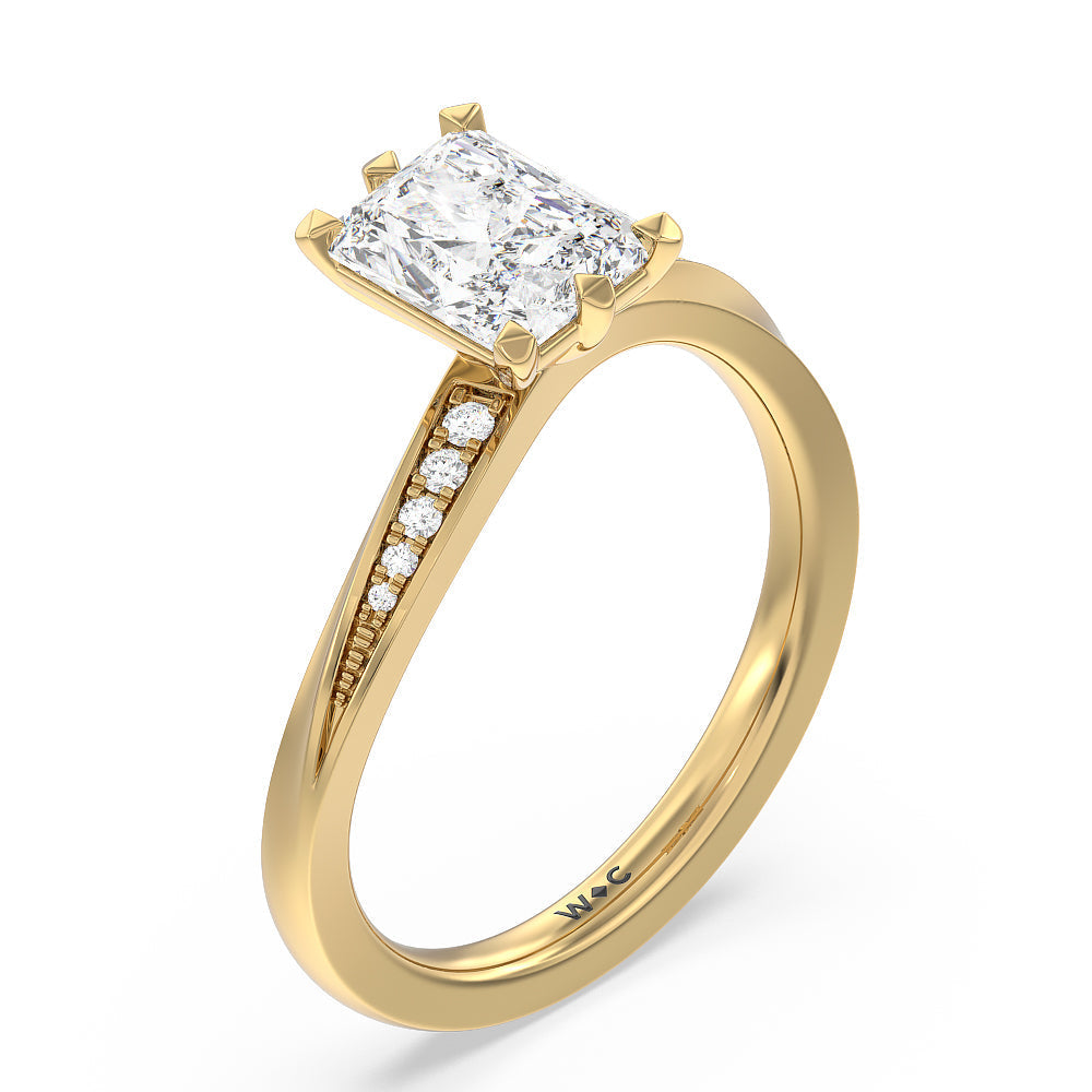 Six Prong Wavy Diamond Shank Engagement Ring with Radiant Cut Diamond in 14KT Yellow Gold view 3
