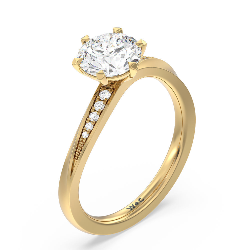 Six Prong Wavy Diamond Shank Engagement Ring with Round Cut Diamond in 14KT Yellow Gold view 3
