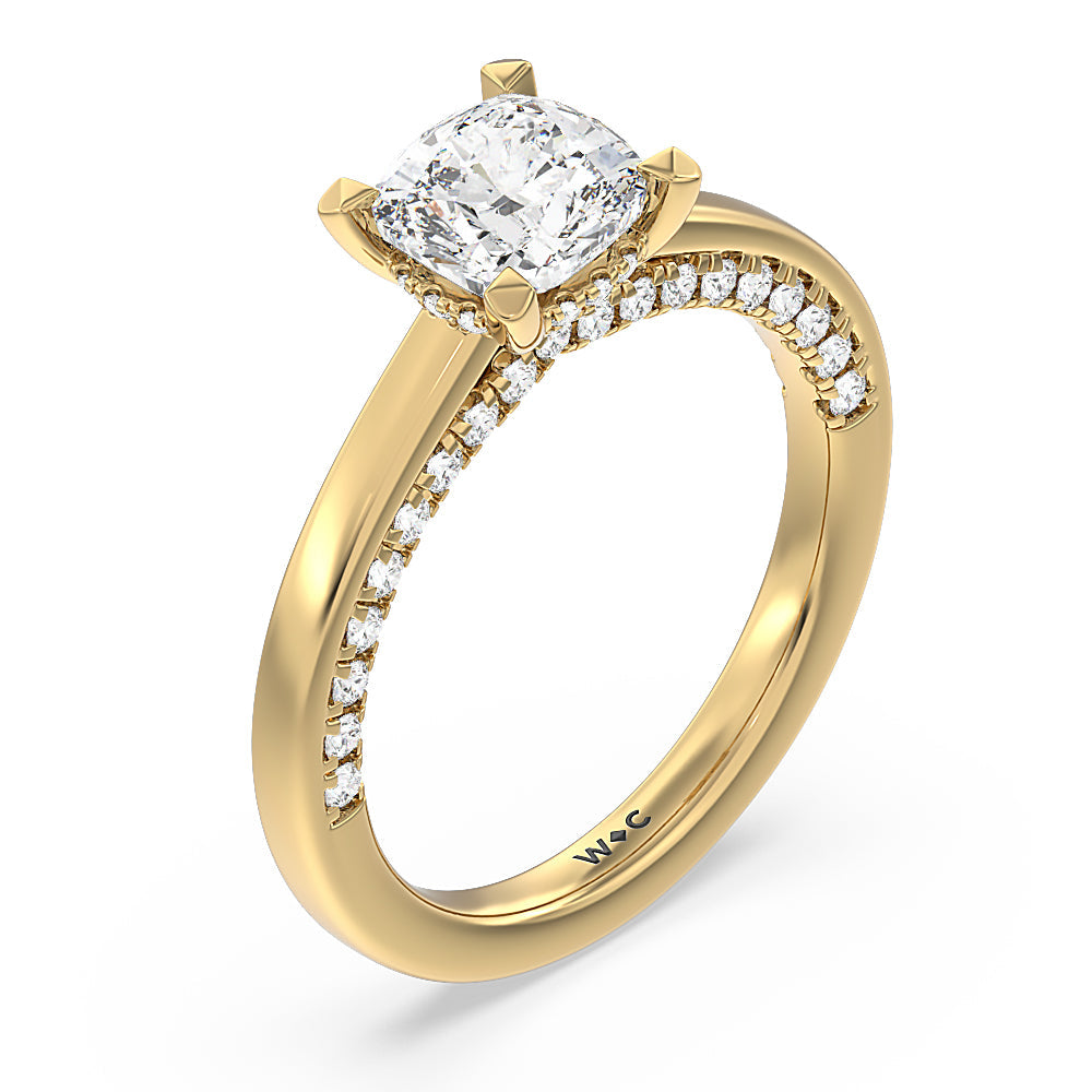 Cushion Cut Aura Studded Crescent Shank Hidden Halo Solitaire Ring with Lab Grown Diamond in 14KT Yellow Gold view 3
