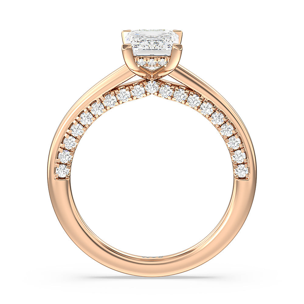 Emerald Cut Aura Studded Crescent Shank Hidden Halo Solitaire Ring with Lab Grown Diamond in 14KT Rose Gold view 2

