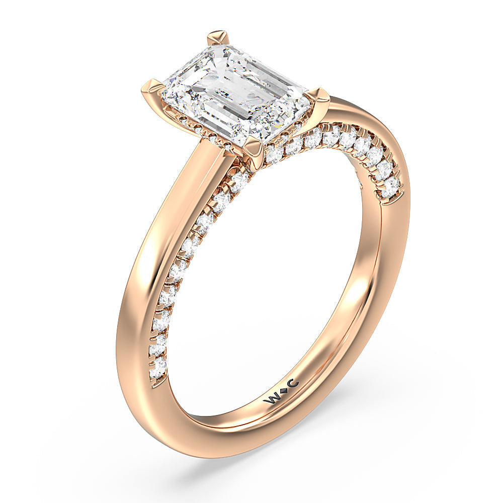 Emerald Cut Aura Studded Crescent Shank Hidden Halo Solitaire Ring with Lab Grown Diamond in 14KT Rose Gold view 3
