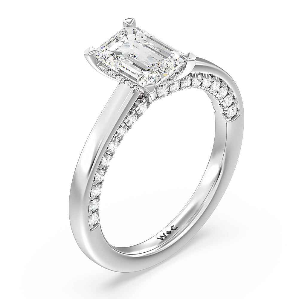 Emerald Cut Aura Studded Crescent Shank Hidden Halo Solitaire Ring with Lab Grown Diamond in 14KT Platinum view 3
