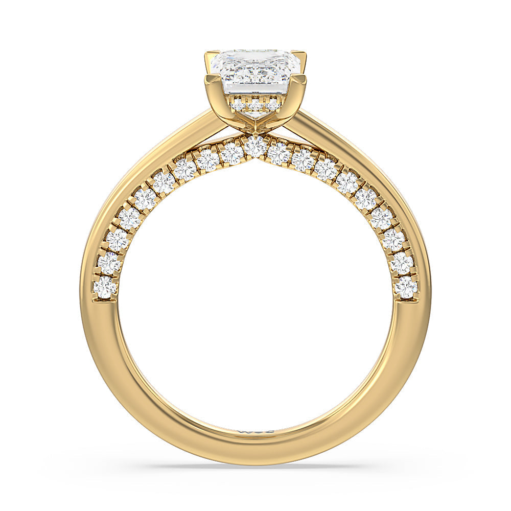 Emerald Cut Aura Studded Crescent Shank Hidden Halo Solitaire Ring with Lab Grown Diamond in 14KT Yellow Gold view 2
