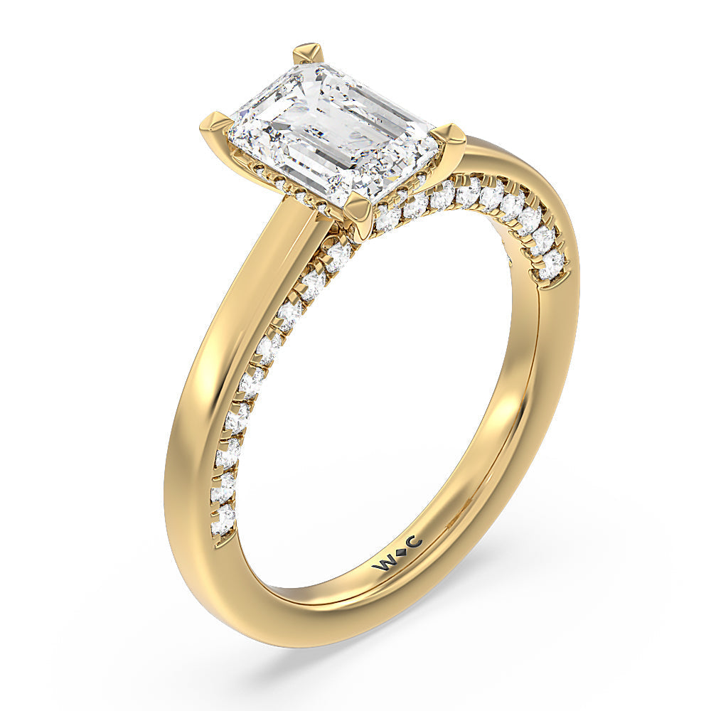 Emerald Cut Aura Studded Crescent Shank Hidden Halo Solitaire Ring with Lab Grown Diamond in 14KT Yellow Gold view 3
