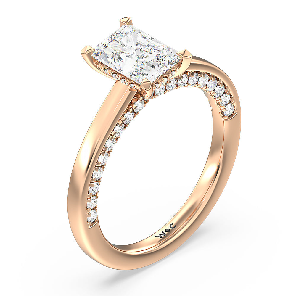 Radiant Cut Aura Studded Crescent Shank Hidden Halo Solitaire Ring with Lab Grown Diamond in 14KT Rose Gold view 3

