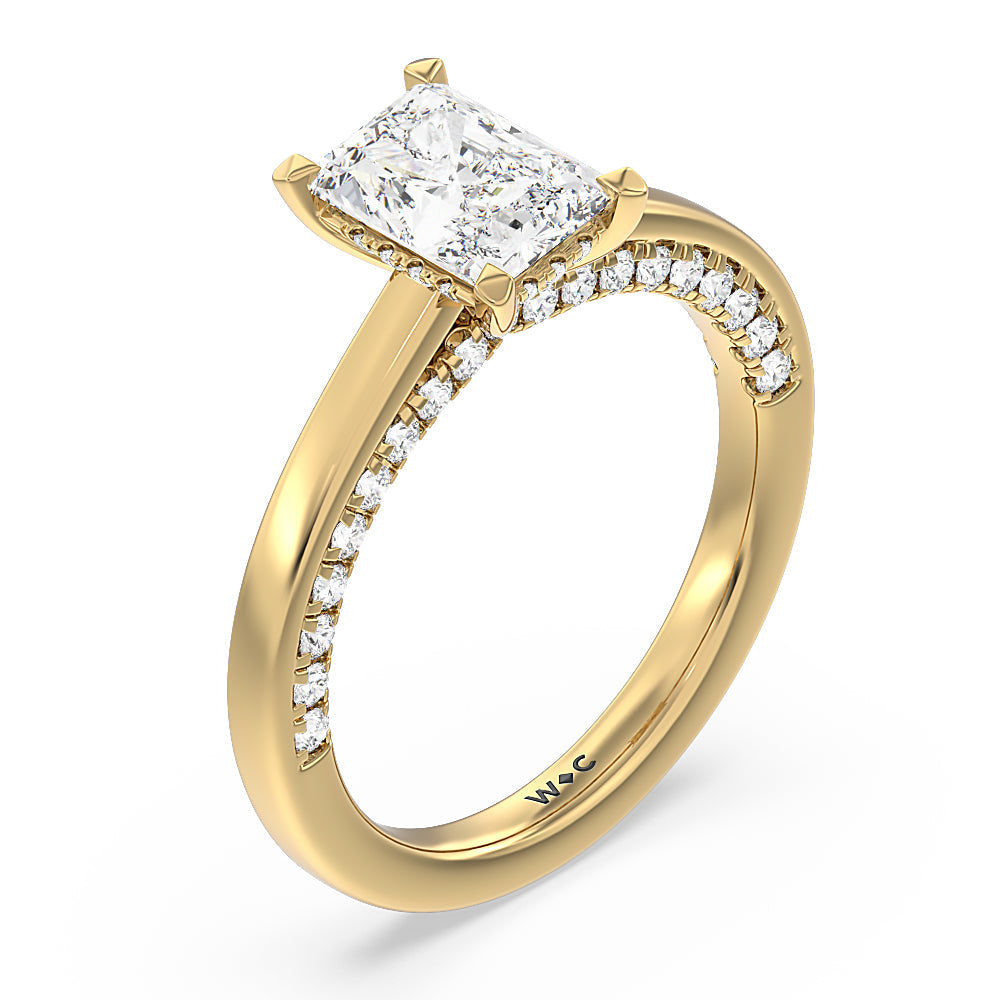 Radiant Cut Aura Studded Crescent Shank Hidden Halo Solitaire Ring with Lab Grown Diamond in 14KT Yellow Gold view 3
