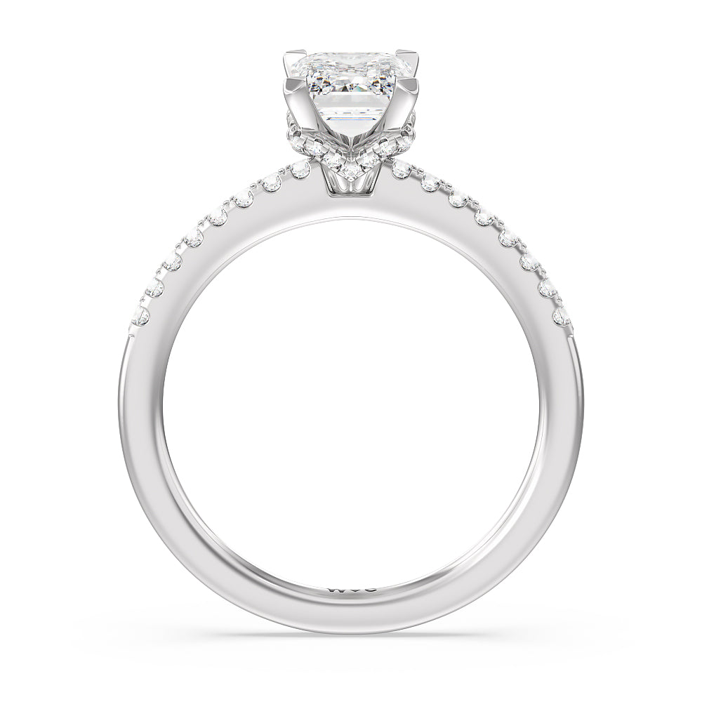 Arc Hidden Halo Engagement Ring with Emerald Cut Diamond in 14KT Platinum view 2
