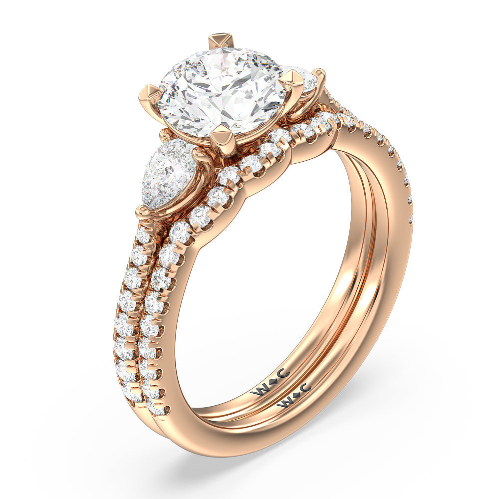 Pear Three Stone Pave Engagement Ring with Cushion Cut Diamond in 14KT Rose Gold view 4
