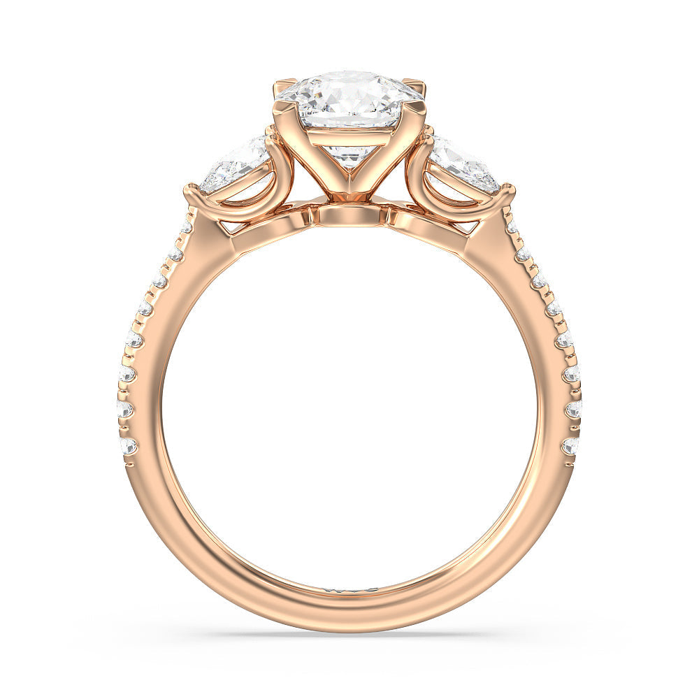 Pear Three Stone Pave Engagement Ring with Cushion Cut Diamond in 14KT Rose Gold view 2
