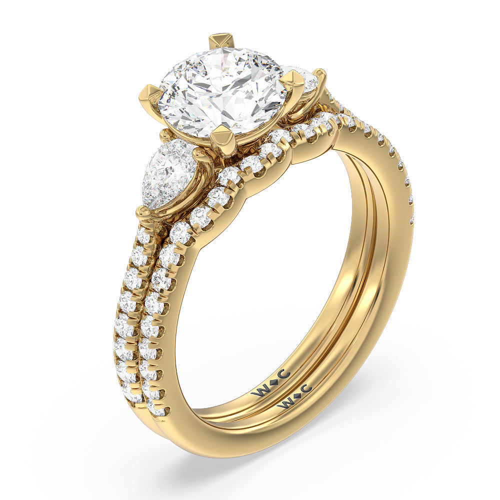 Pear Three Stone Pave Engagement Ring with Cushion Cut Diamond in 14KT Yellow Gold view 4
