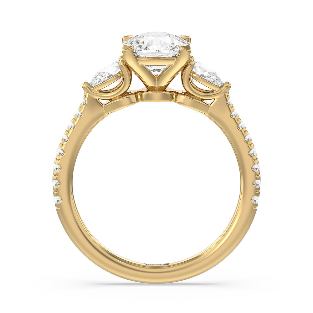 Pear Three Stone Pave Engagement Ring with Cushion Cut Diamond in 14KT Yellow Gold view 2
