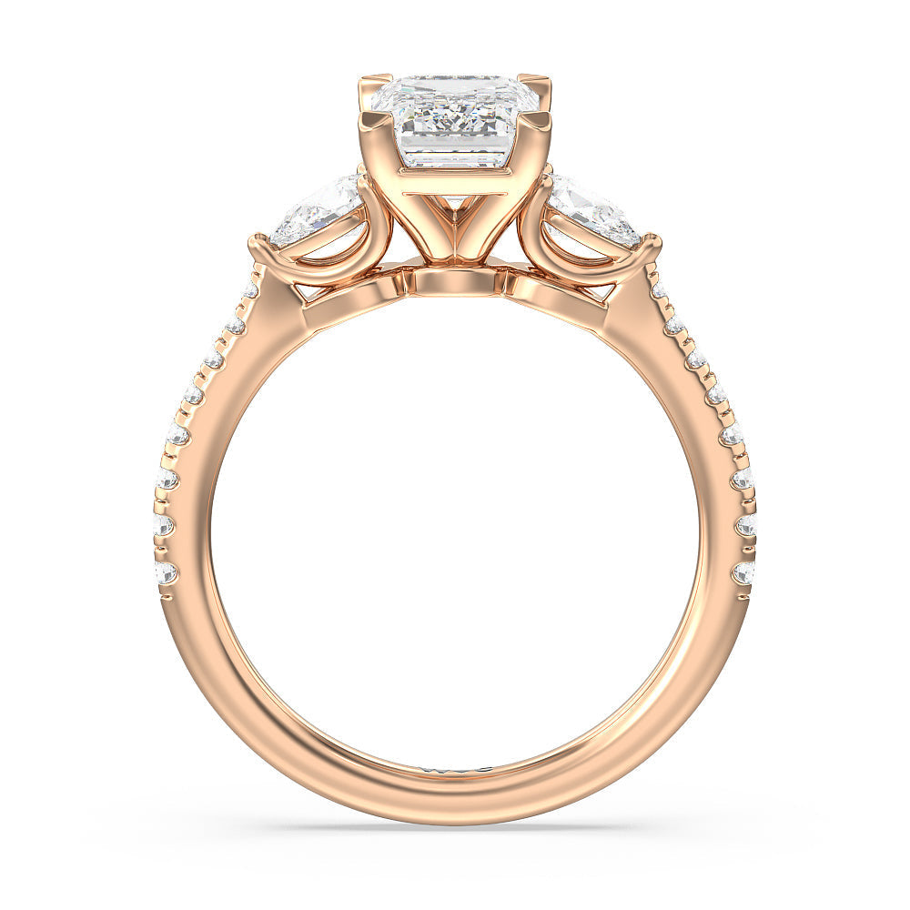 Pear Three Stone Pave Engagement Ring with Emerald Cut Diamond in 14KT Rose Gold view 2
