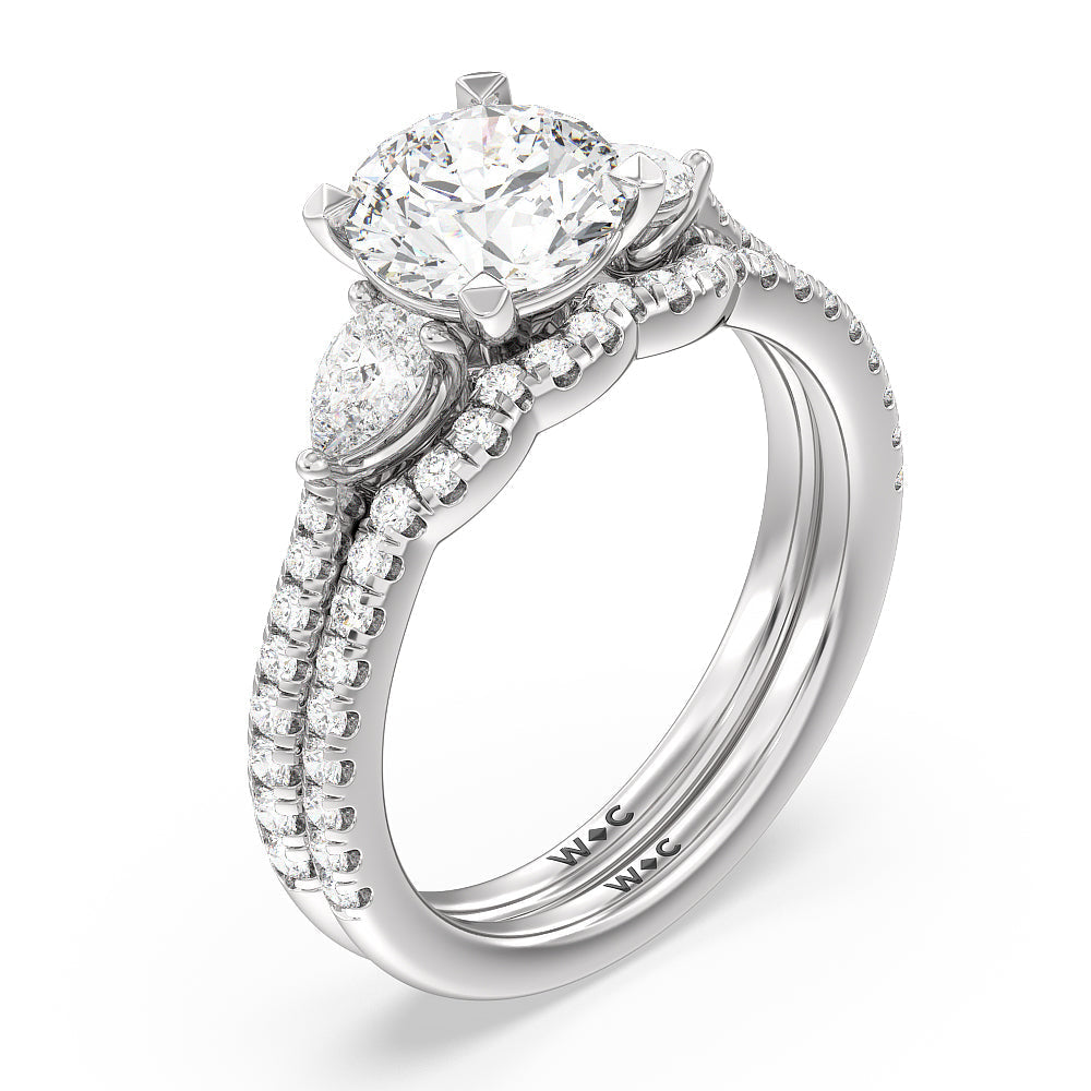 Pear Three Stone Pave Engagement Ring with Emerald Cut Diamond in 14KT Platinum view 4
