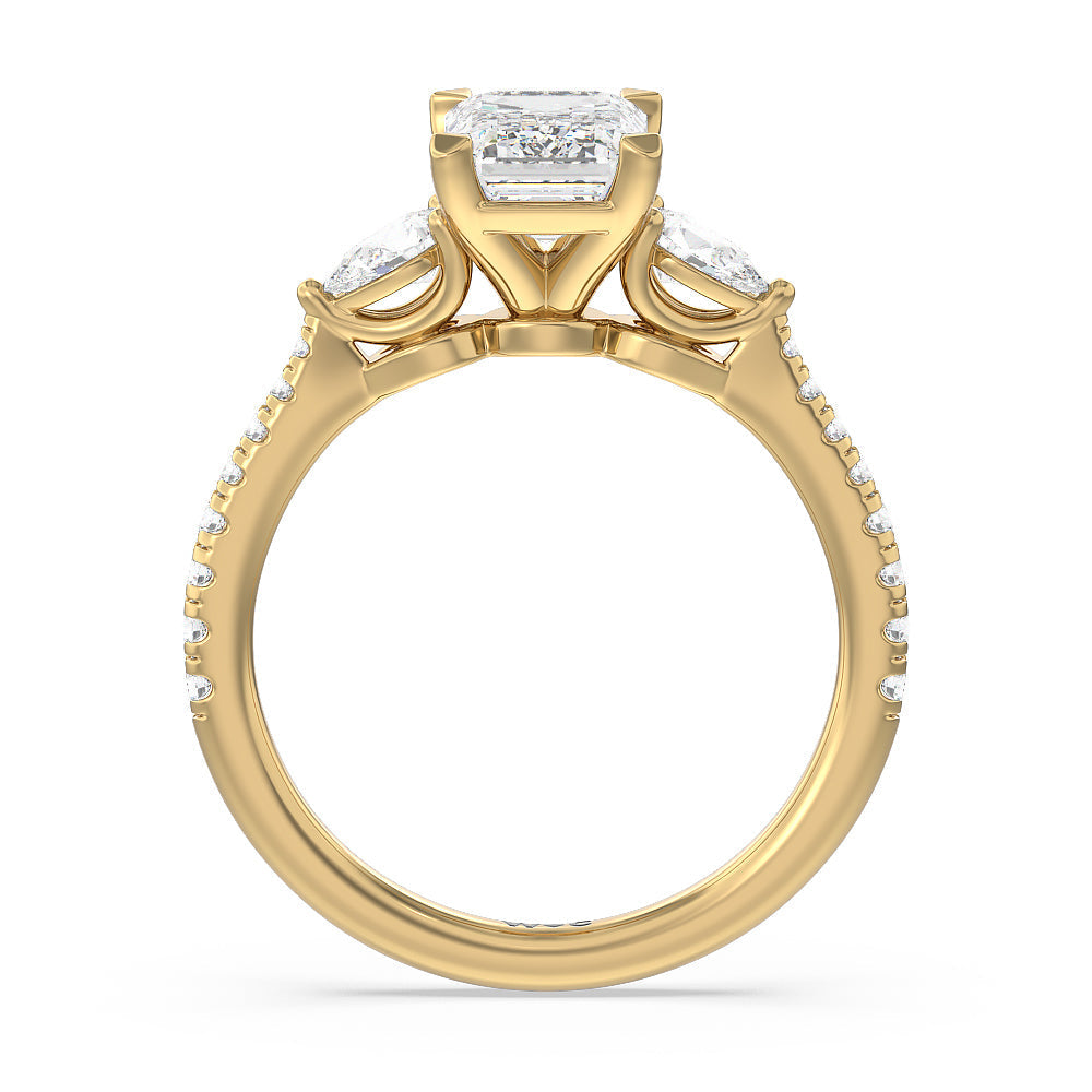 Pear Three Stone Pave Engagement Ring with Emerald Cut Diamond in 14KT Yellow Gold view 2
