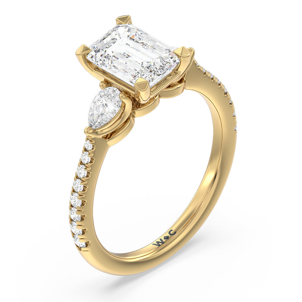 Pear Three Stone Pave Engagement Ring with Emerald Cut Diamond in 14KT Yellow Gold view 3

