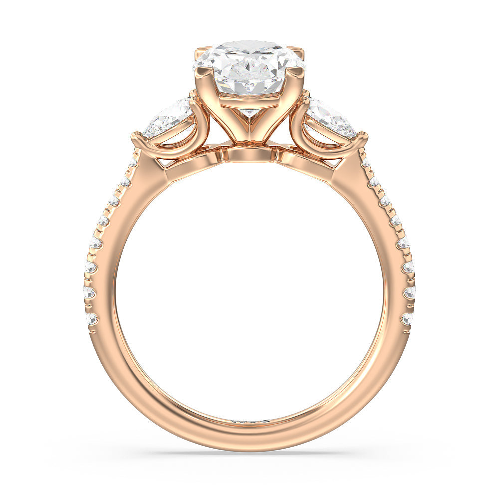 Pear Three Stone Pave Engagement Ring with Oval Cut Diamond in 14KT Rose Gold view 2
