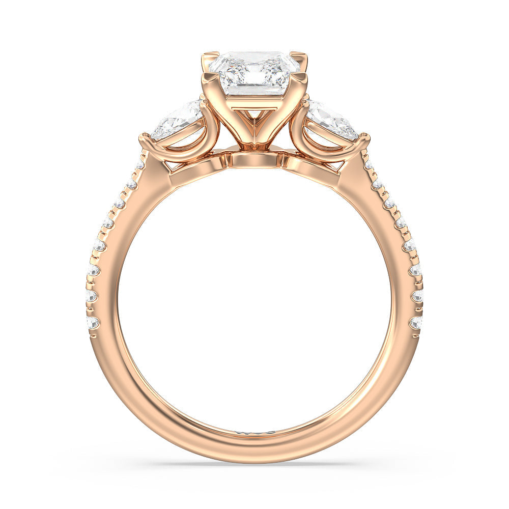 Pear Three Stone Pave Engagement Ring with Radiant Cut Diamond in 14KT Rose Gold view 2
