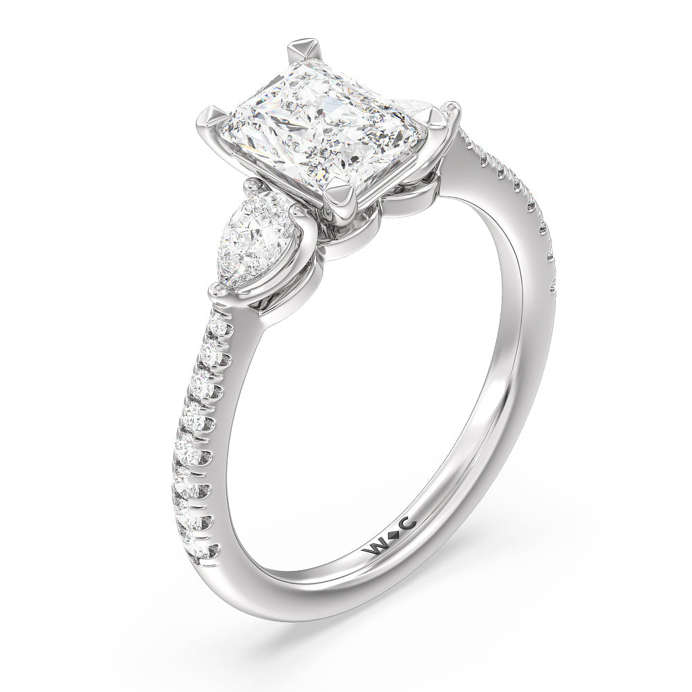 Pear Three Stone Pave Engagement Ring with Radiant Cut Diamond in 14KT Platinum view 3
