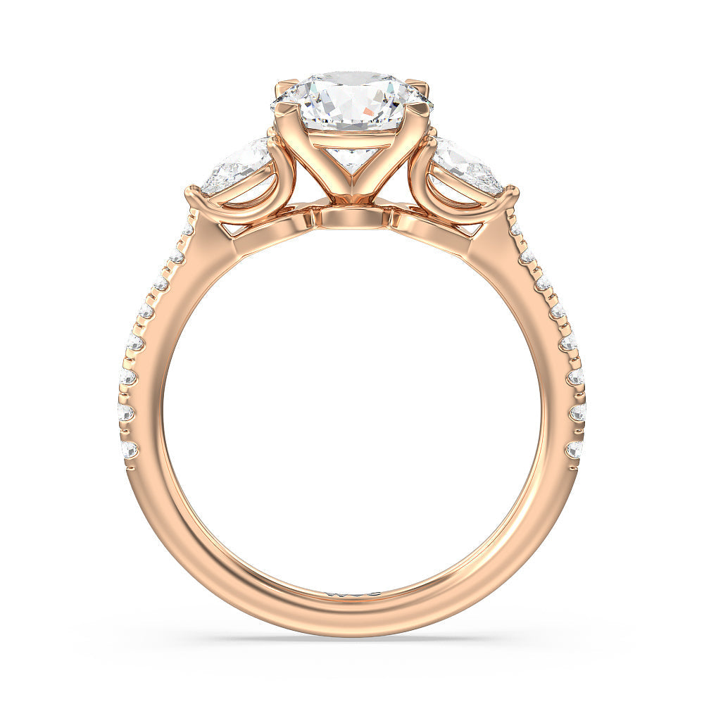 Pear Three Stone Pave Engagement Ring with Round Cut Diamond in 14KT Rose Gold view 2
