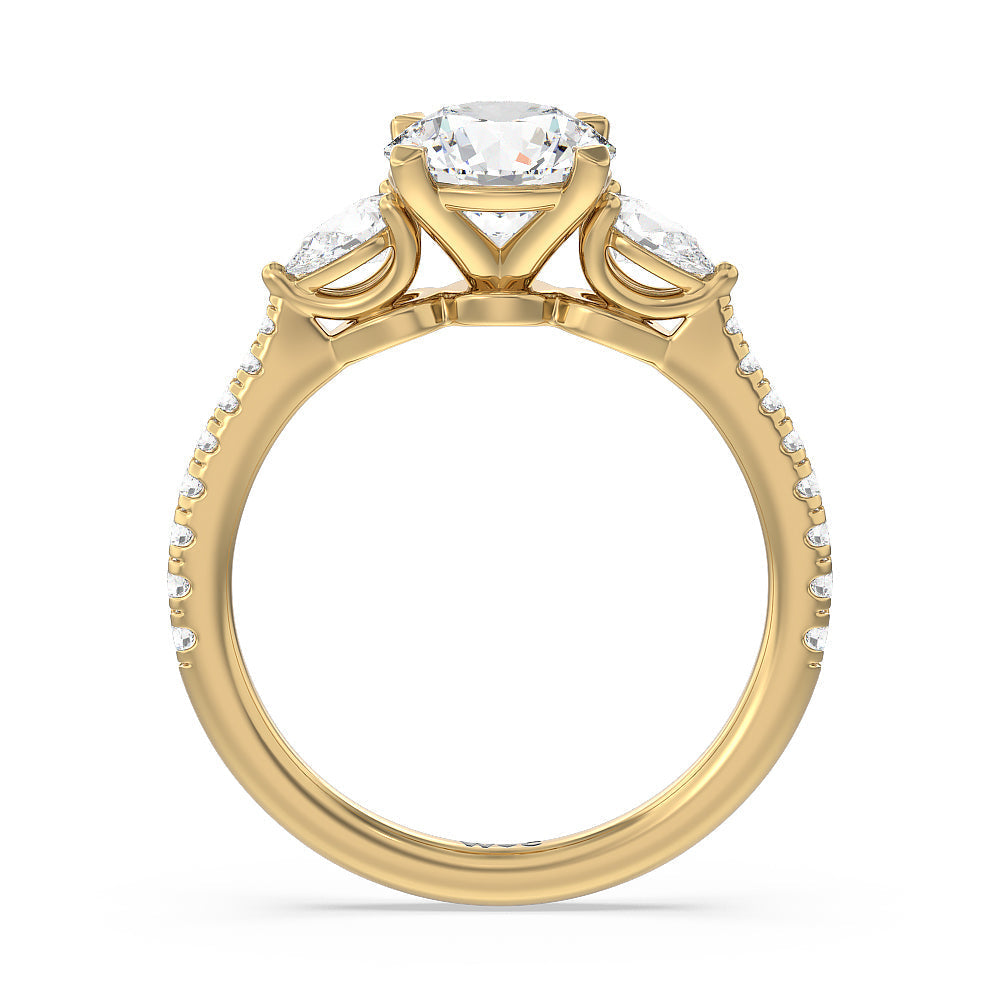 Pear Three Stone Pave Engagement Ring with Round Cut Diamond in 14KT Yellow Gold view 2
