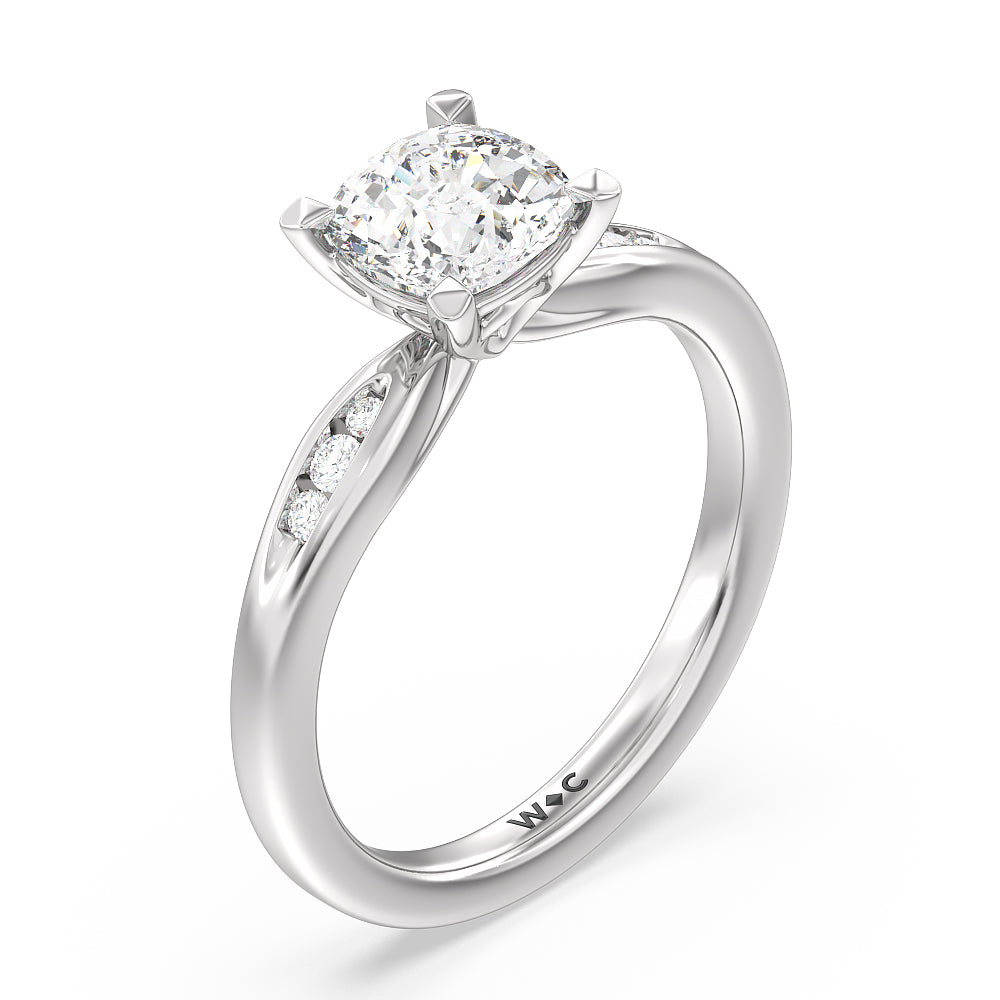 Petite Channel Set Engagement Ring with Cushion Cut Diamond in 14KT Platinum view 3
