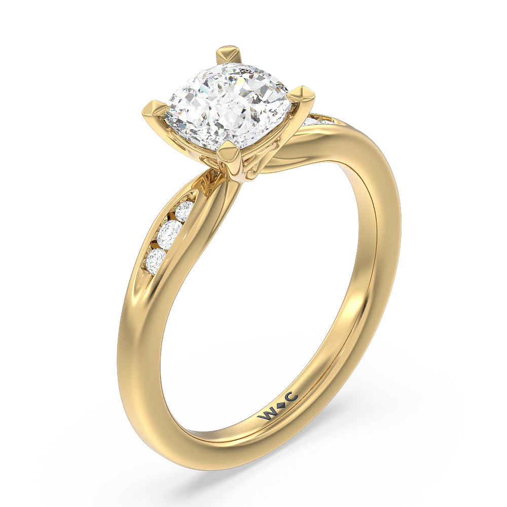 Petite Channel Set Engagement Ring with Cushion Cut Diamond in 14KT Yellow Gold view 3
