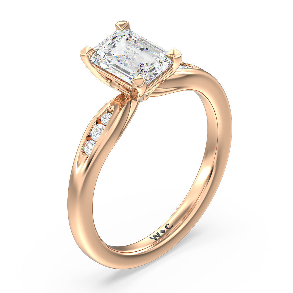 Petite Channel Set Engagement Ring with Emerald Cut Diamond in 14KT Rose Gold view 3
