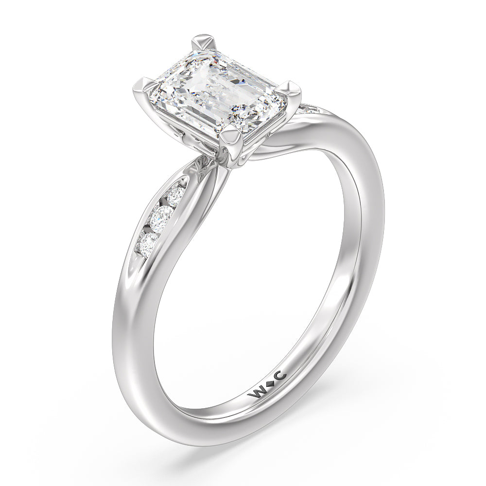 Petite Channel Set Engagement Ring with Emerald Cut Diamond in 14KT Platinum view 3
