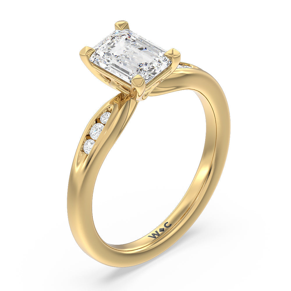 Petite Channel Set Engagement Ring with Emerald Cut Diamond in 14KT Yellow Gold view 3
