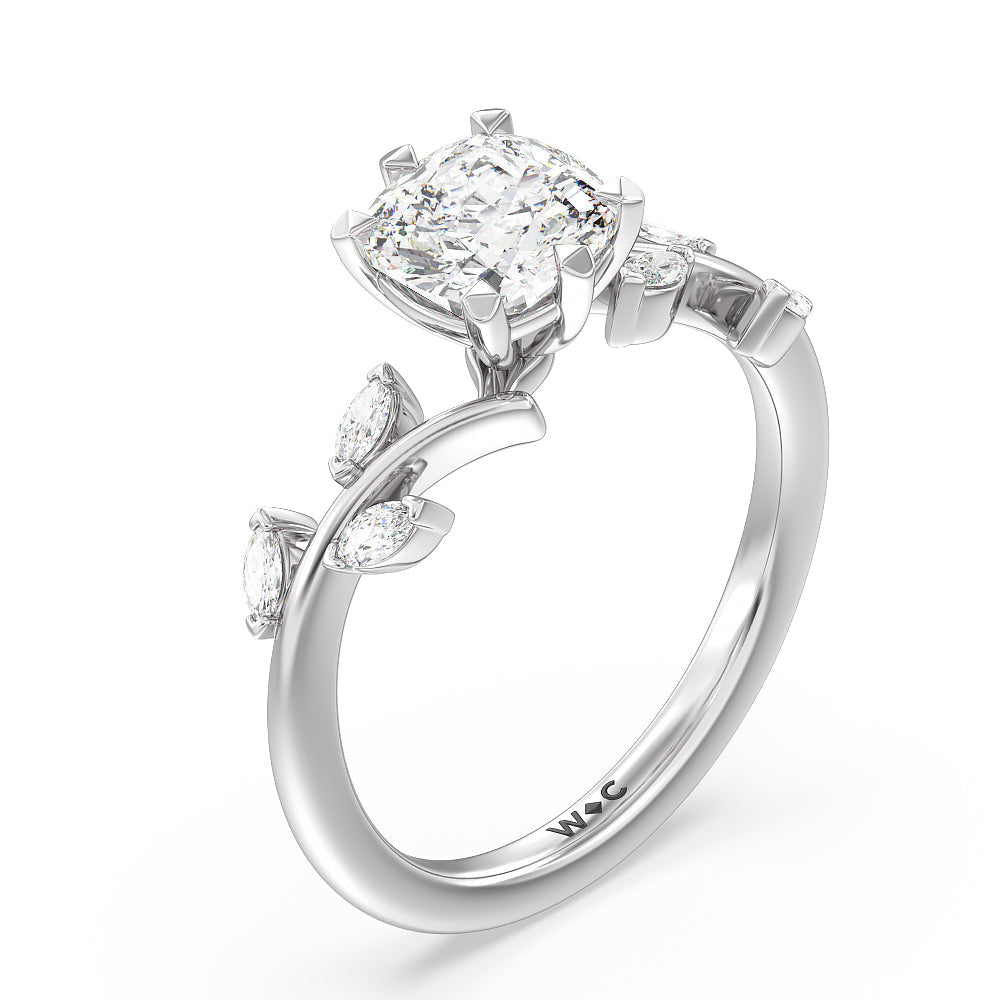 Cushion Cut Slender Vine Six Prong Engagement Ring with Lab Grown Diamond in 14KT Platinum view 3
