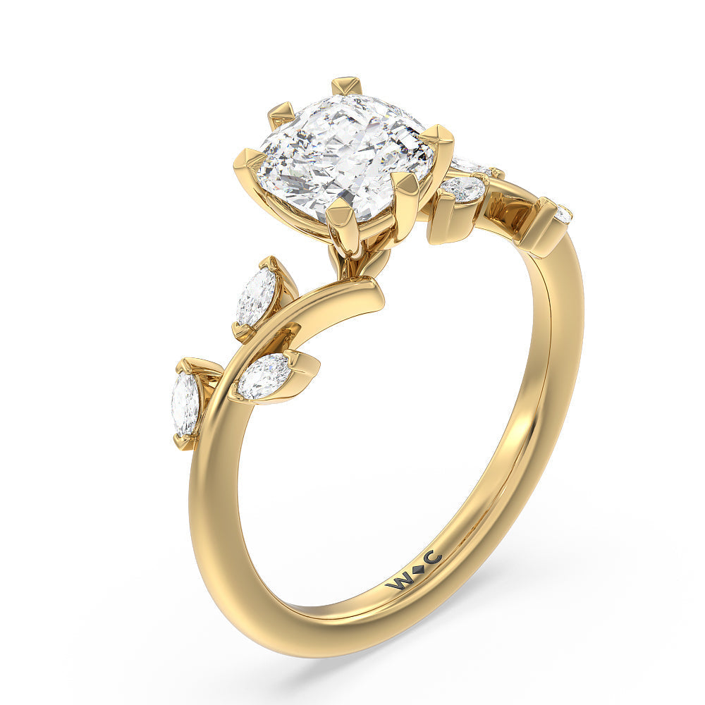 Cushion Cut Slender Vine Six Prong Engagement Ring with Lab Grown Diamond in 14KT Yellow Gold view 3
