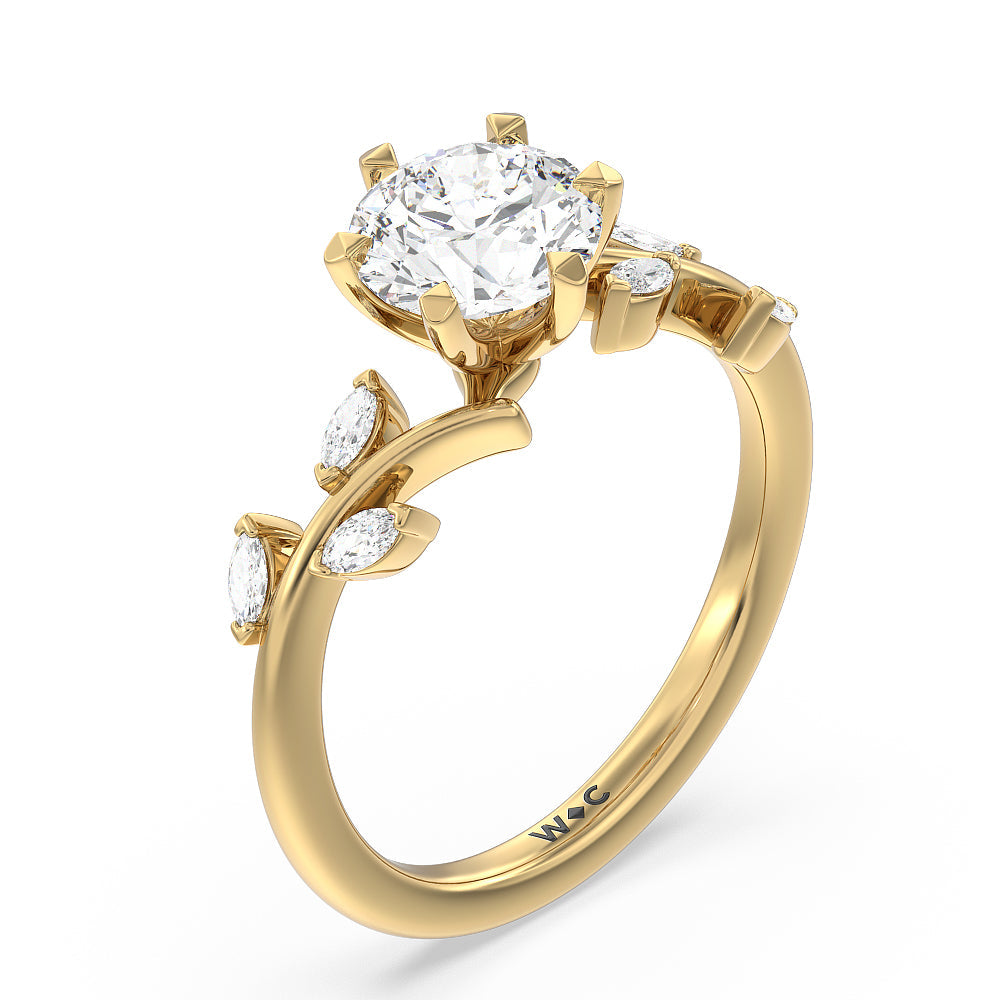 Round Cut Slender Vine Six Prong Engagement Ring with Lab Grown Diamond in 14KT Yellow Gold view 3

