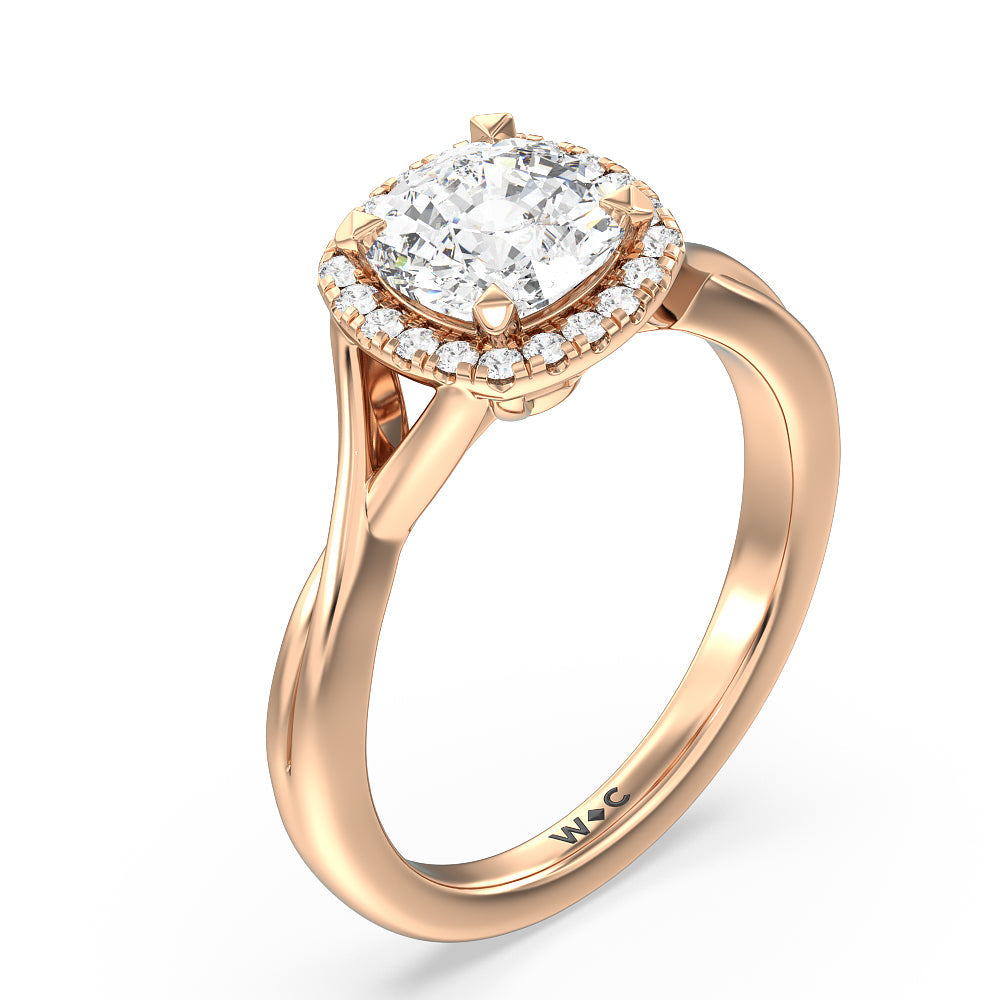 Criss Cross Shank Halo Engagement Ring with Cushion Cut Diamond in 14KT Rose Gold view 3
