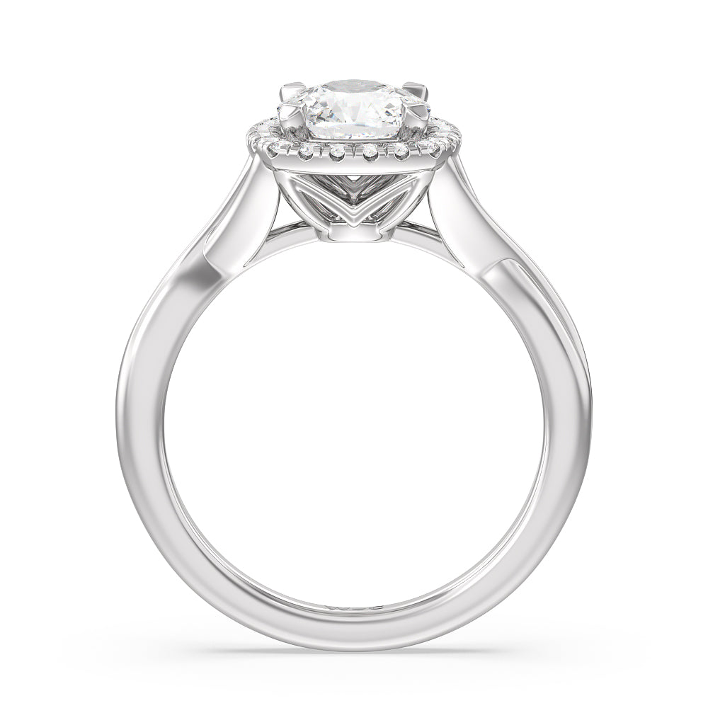 Criss Cross Shank Halo Engagement Ring with Cushion Cut Diamond in 14KT Platinum view 2
